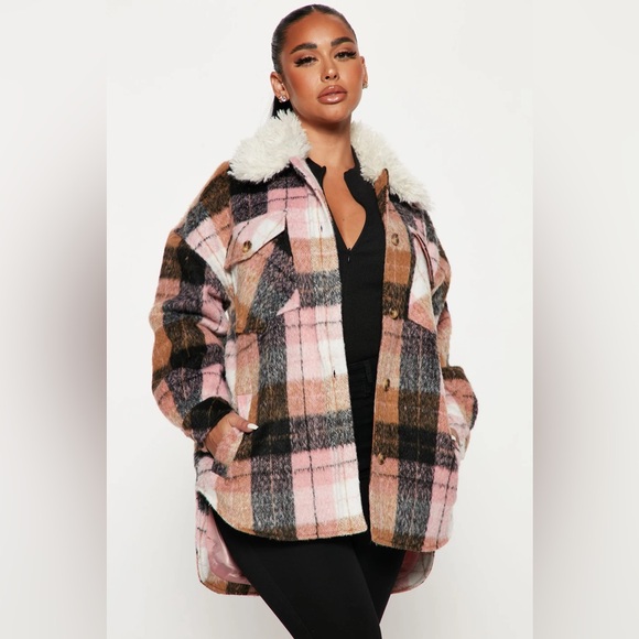 Pink and Brown Plaid Fashion Nova Sherpa Collar Jacket - Picture 1 of 4